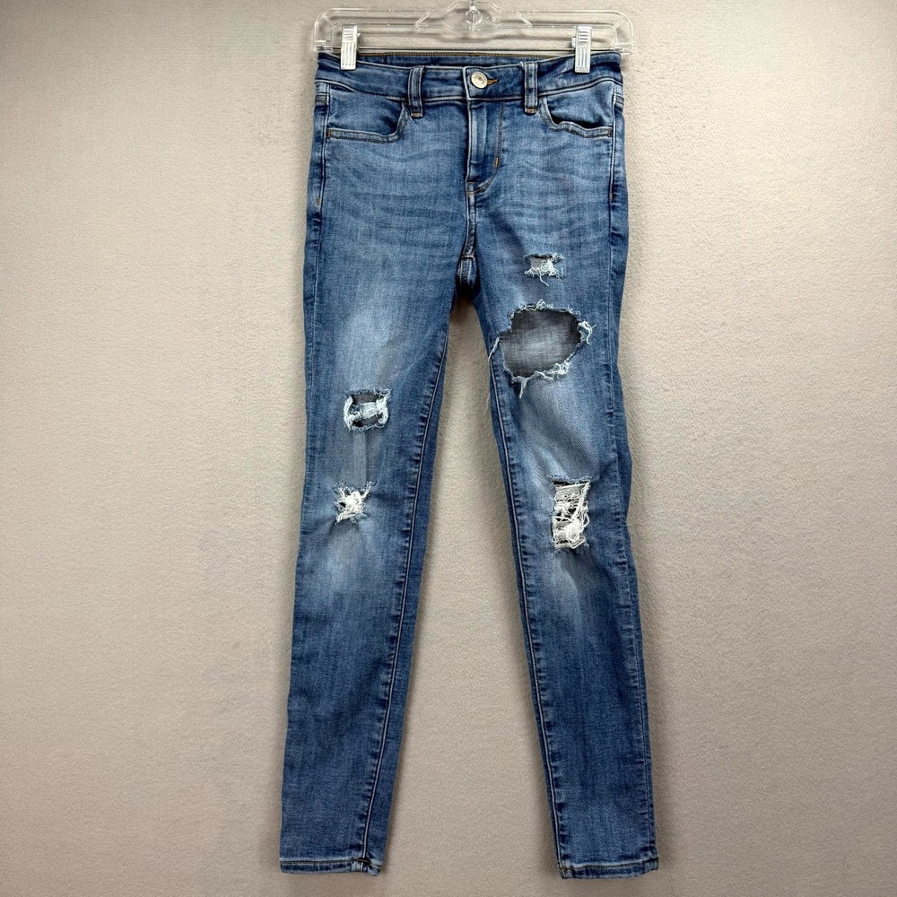 American Eagle Jegging Jeans Womens 0 Short 26x27* Blue Denim Pants Distressed